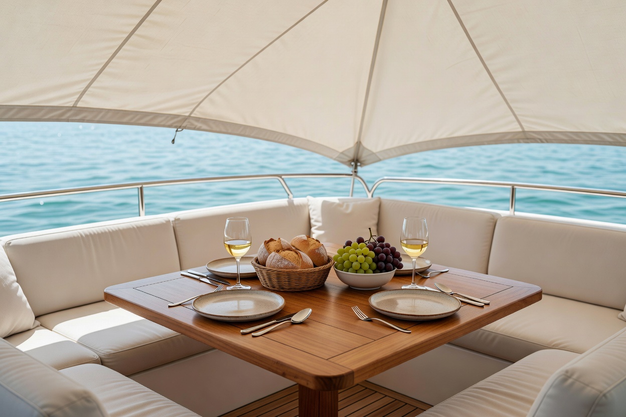 Shaded yacht cockpit prepared for a relaxed meal